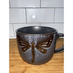 Potters Corner Blue Coffee Mug With Embossed Bronze Dragonfly.  4”X4” 15 Oz